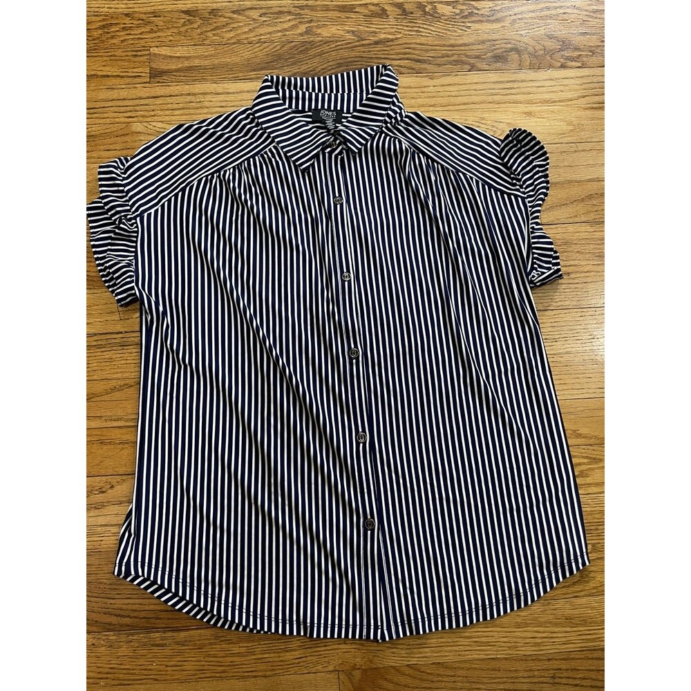 Jones New York Women’s Large L Blue White Striped Short Sleeve Tie Front Top